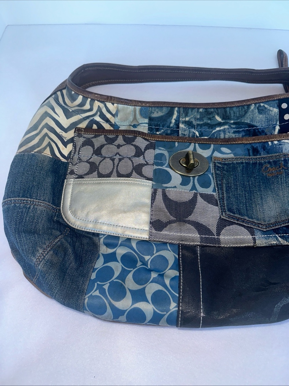 Coach Indigo Denim Blue Patchwork Ergo XL Hobo Handbag Purse Bag - Picture 3 of 17